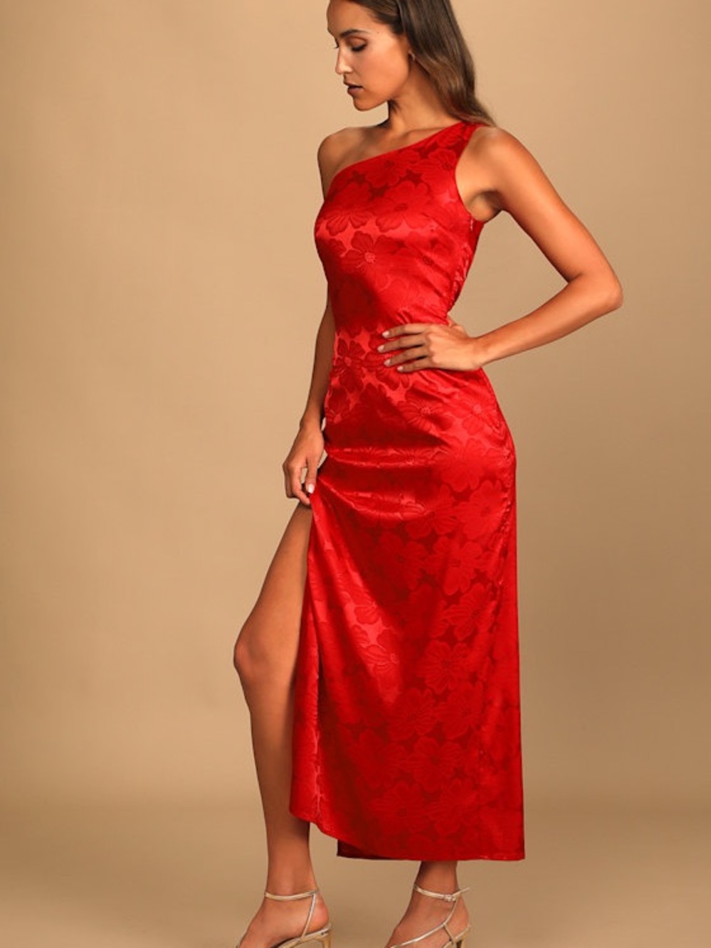 Lulus Chasing Desire Red Satin Jacquard One-Shoulder Maxi Dress
